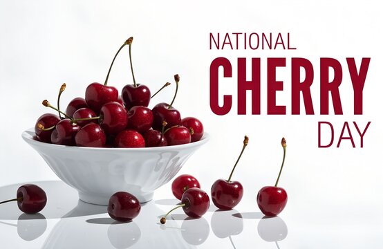 White bowl filled with ripe red cherries on clean surface with bold text celebrating National Cherry Day highlighting fruit freshness and festive composition generated ai