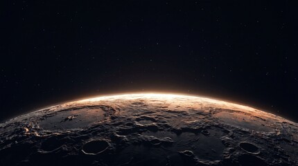 Fototapeta premium Mercury planet rocky horizon glowing with sunlight rim and cratered terrain highlighting celestial geology and cosmic beauty