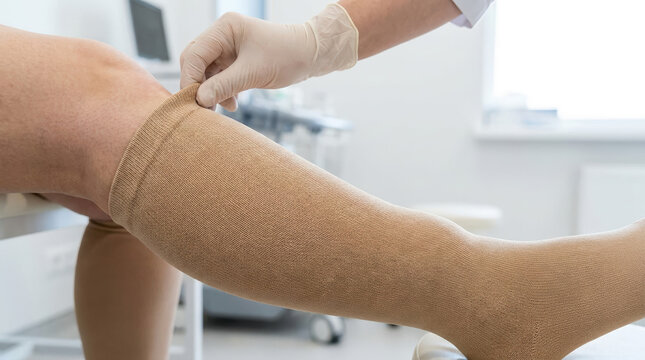 Medical professional putting a beige compression stocking on a patient leg. Doctor assisting with vascular therapy in a clinic