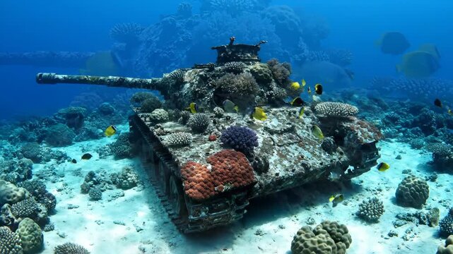 Sunken Military Tank Encrusted with Vibrant Red and Purple Corals Surrounded by Tropical Fish on the Ocean Floor