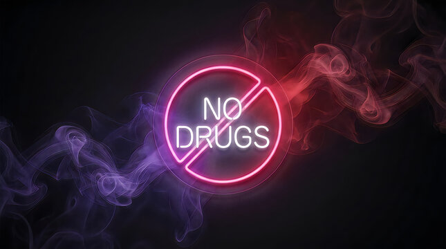 Neon no drugs sign with smoke on black background warning symbol