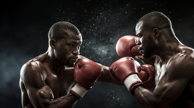 Two professional boxers exchanging powerful punches during an intense fight, showcasing combat sports, athletic strength, competition, determination, knockout action, and physical performance