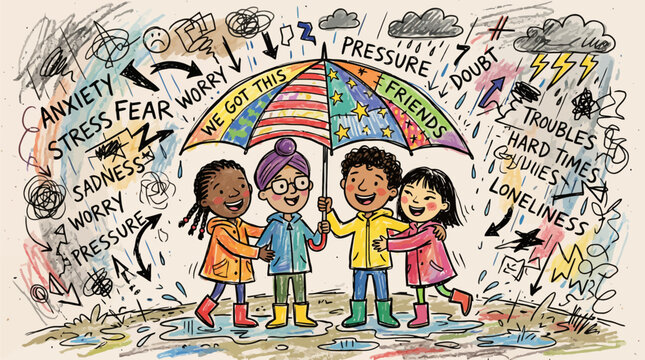 Diverse children stand under umbrella overcoming anxiety