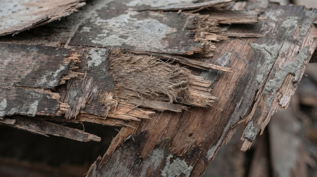 Close up of severely damaged and splintered weathered plywood formwork with dried concrete residue