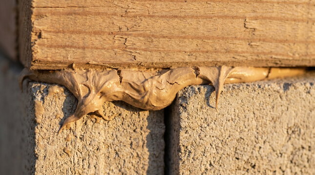 Close up of thick construction adhesive foam squeezing out from a joint between a wooden timber and concrete blocks