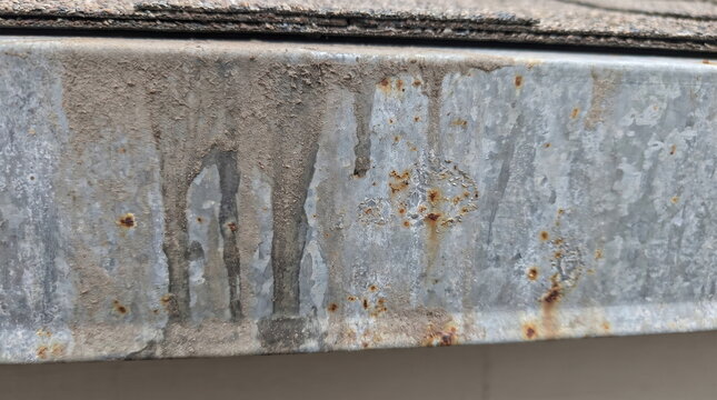 Close up of weathered galvanized metal roof flashing with dirt streaks and rust spots under asphalt shingles