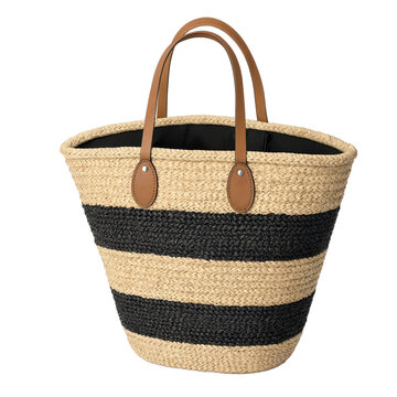 Striped woven straw tote bag with leather handles, isolated on transparent background.