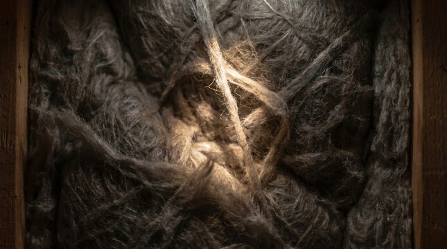Close-up of dense, fibrous grey insulation material tucked within a wooden frame
