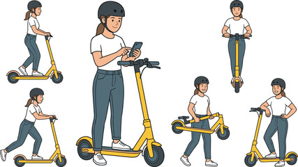 Young Woman Riding Electric Scooter Character Set Using Smartphone and Urban Eco Transportation Vector Collection © Prodip