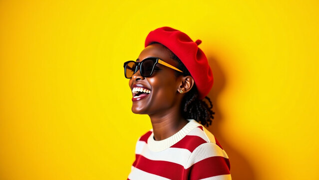 Red beret ar Portrait iteration of happy young black woman laughing against yellow wall Blissful