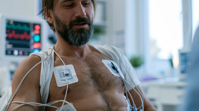 Patient connected to ECG electrodes during heart monitoring, undergoing cardiac assessment and diagnostics in a medical facility to evaluate cardiovascular health and heart function