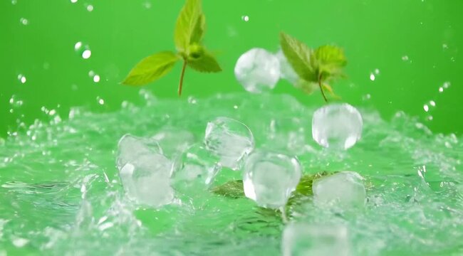 Ice Cubes Splashing Into Clear Water With Fresh Mint Leaves In A Vibrant Green Background