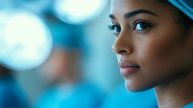Close-up of a healthcare professional in scrubs, likely a doctor or nurse, looking determined. The sterile hospital environment and bright surgical lights suggest she is ready for critical care.