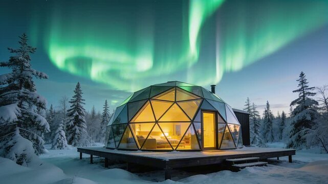 luxurious modern geodesic glass glamping dome on elevated wooden platform in snowy winter landscape perfect for Camping and Outdoor Adventure