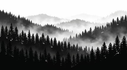 Coniferous forest silhouette against a white background atmospheric landscape © All in one
