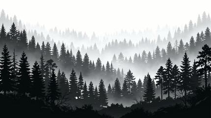 Forest Silhouette With Foggy Background Black And White Graphic © All in one