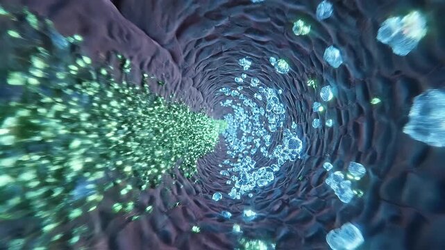 Colorful Green Particle Tunnel of Glowing Light.