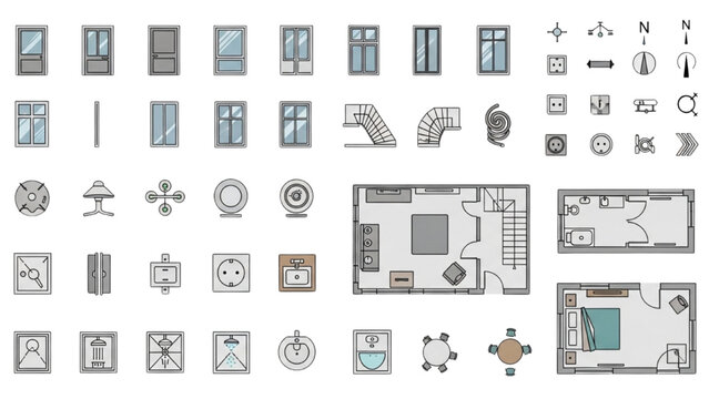 Various 2D AutoCAD vector illustrations showcase architectural elements and symbols.