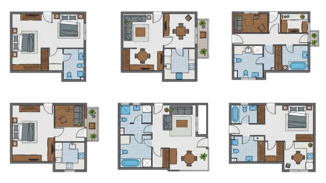 Six 2D AutoCAD Vector house floor plans showcase various room layouts