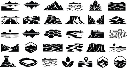 Obraz premium 30 Salt Lake Desert Landscape Solid Black Silhouette Nature, Geology, and Scenic Environment Icons Set on White Background