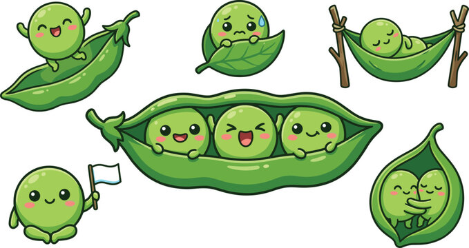 Cute kawaii pea pod character collection featuring happy green peas with adorable expressions and playful poses