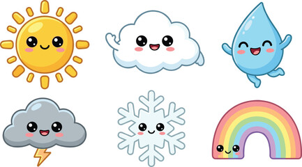 Fototapeta premium Cute Weather Character Collection Featuring Sun Cloud Raindrop Snowflake Rainbow and Seasonal Nature Elements Vector Set