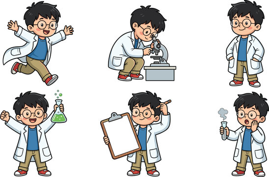 Cute young scientist character collection featuring child researcher conducting experiments and educational science activities