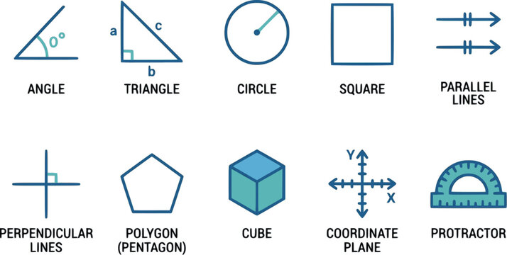 Geometric shapes and symbols are displayed on a coordinate plane with various illustrations.