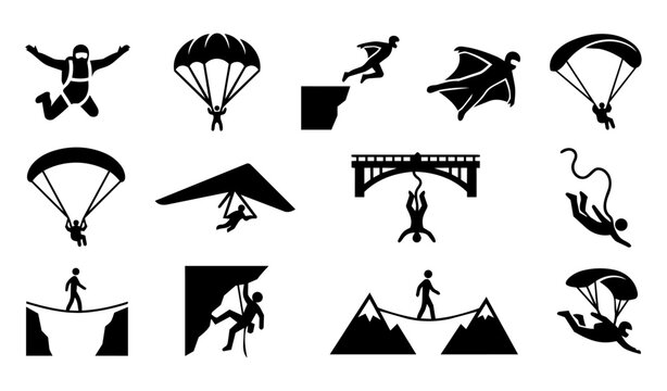 Aerial and Height Extreme Sport Silhouette Icon Set