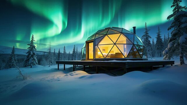 luxurious modern geodesic glass glamping dome on elevated wooden platform in snowy winter landscape perfect for Camping and Outdoor Adventure