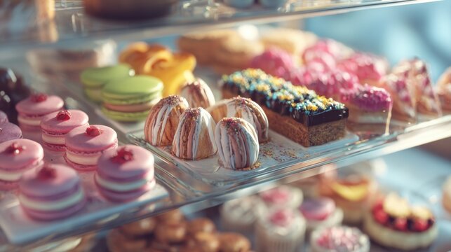 Delicious sweet desserts and pastries display in a bakery shop glass counter showcase window, colorful pink macarons strawberry cakes cream muffins gourmet sweet treats backdrop