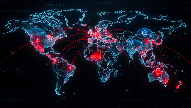 Visualization of an ongoing global cyber attack, a dark glowing 3D world map in dark blue, Dozens of animated attack vectors are shown as bright red curved lines.