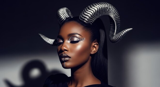 High-fashion beauty portrait of a model wearing dramatic silver ram horns and glamorous metallic makeup against a dark studio background
