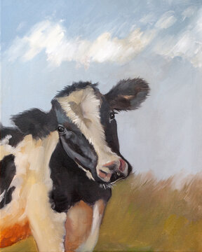 Dipinto a olio di una mucca pezzata bianca e nera in un pascolo con un cielo nuvoloso sullo sfondo, ritratto artistico di animale da fattoria in stile espressionista o impressionista