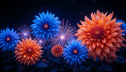 Obraz premium Large blue and orange dahlia flowers with glowing light bursts against a dark background creating vivid contrast
