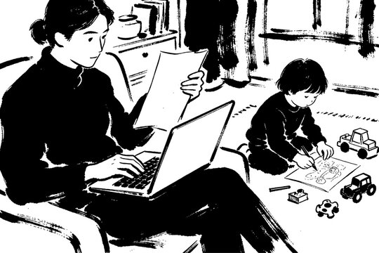 Mother working laptop child playing floor