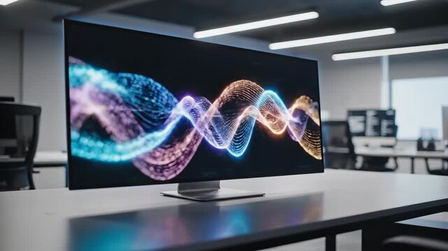 Glowing Wavy Data Streams Displayed on a Computer Monitor in an Office