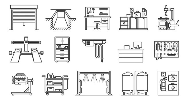 Automotive Workshop Equipment Icons: A collection of clean, line-art icons depicting essential automotive workshop tools and equipment, including a garage door, car lift, workbench, tire changer.