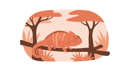 Orange chameleon in a warm sunset savanna landscape © cintya
