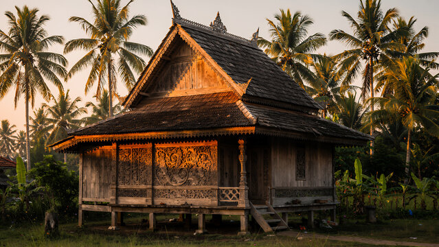 A traditional Acehnese Krong Bade house illuminated by the warm dawn light, tropical palm trees surrounding the building, highly detailed wood carvings, a realistic Indonesian rural setting.