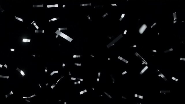 Slow-motion silver metallic confetti particles bursting outward in a celebratory explosion against a black background, cinematic shimmer overlay