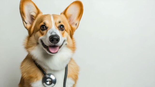 An incredibly adorable Corgi wearing a stethoscope and sporting a big smile perfectly symbolizes the essential aspects of veterinary care, pet health, and overall animal wellbeing and happiness