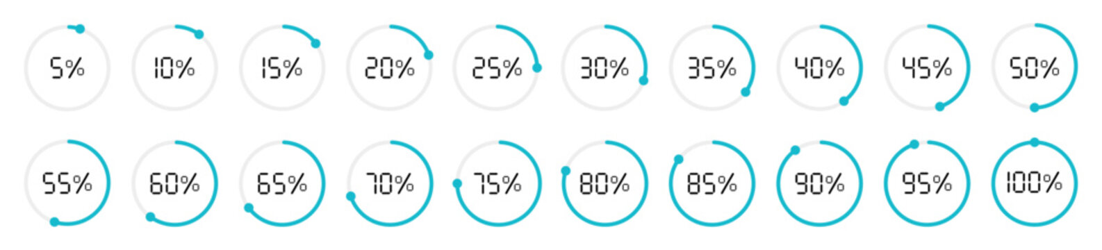 Collection of blue circular progress indicators loading  from 5% to 100%. Dashboards, apps, websites, analytics, reports and infographics use. Isolated vector illustration. Flat design.