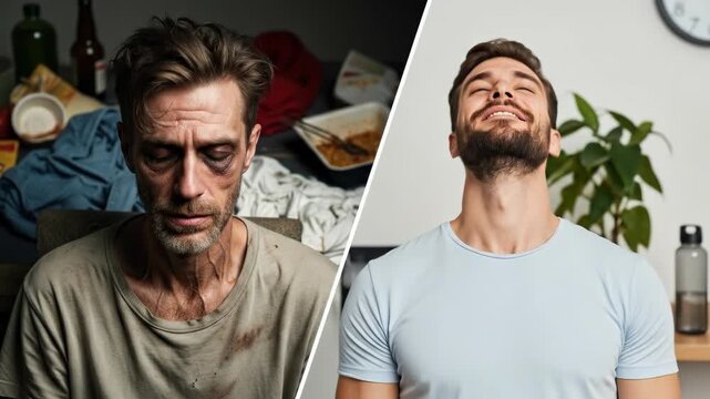 Contrasting faces of addiction, revealing the devastating effects of drug and alcohol abuse, against the vibrancy of a person choosing a healthy, thriving lifestyle
