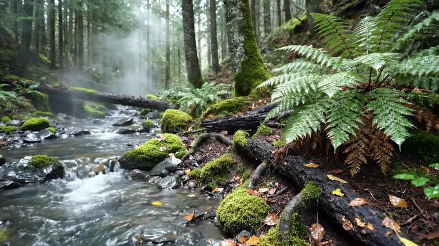 Mist Shrouded Forest Stream Surrounded by Ferns and Moss.