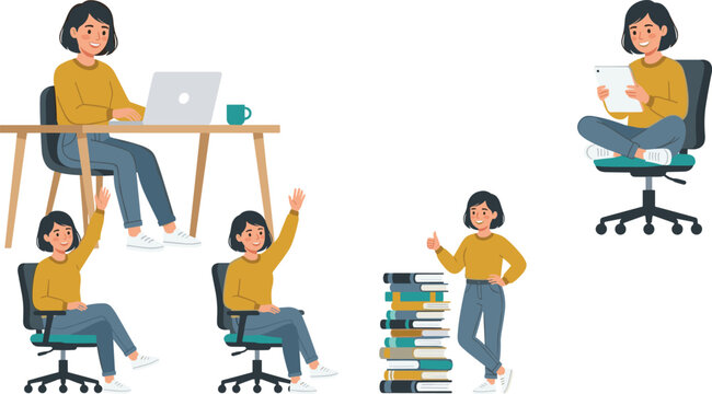 Professional female student and remote worker collection featuring laptop learning reading and educational activities