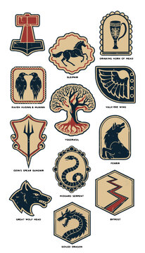 Norse Mythology Scattered Cluster Flat Vector Illustration Vintage Viking Stamp Emblems Set with Mjolnir Yggdrasil Sleipnir and Fenrir Isolated Collection for Marketing Packaging and Presentations