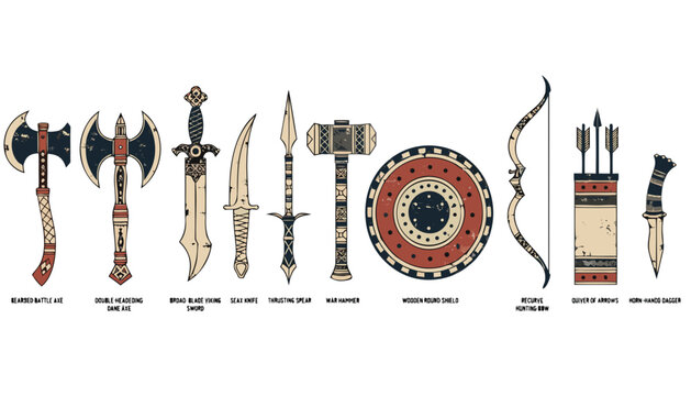 Norse Viking Weapons Horizontal Row Flat Vector Illustration Vintage Stamp Emblems Set with Battle Axe Sword Spear and Round Shield Isolated Collection for Marketing Packaging and Presentations