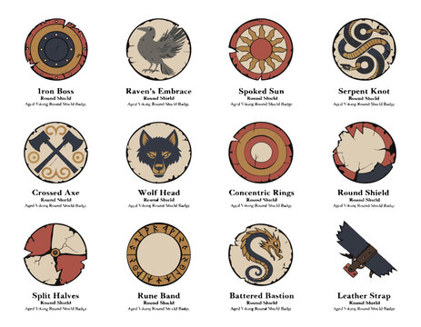 Viking Round Shields Wide Grid Flat Vector Illustration Vintage Norse Stamp Emblems Set with Iron Boss Raven Motif Crossed Axe and Rune Band Designs Isolated Collection for Marketing Packaging and Pre