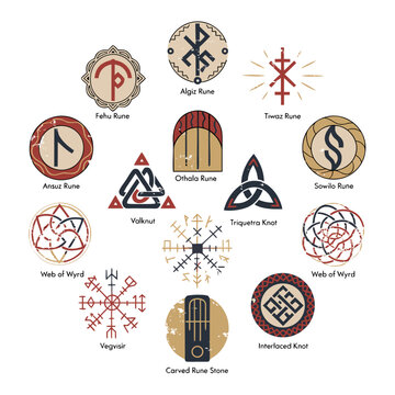 Rune Stones Circular Wheel Flat Vector Illustration Vintage Norse Viking Stamp Emblems Set with Vegvisir Compass Valknut Triquetra and Carved Rune Stone Isolated Collection for Marketing Packaging and